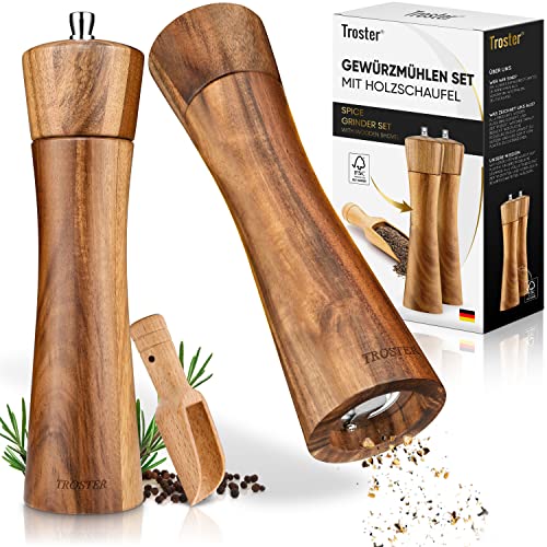 Troster® Gewürzmühlen Set Holz - 3er Set - Salz und Pfeffermühle, Gewürzschaufel - Gewürzmühle Keramikmahlwerk - Salzmühle Holz groß - Pfeffermühle Holz groß - Salz und Pfeffermühle Holz Geschenk von Troster