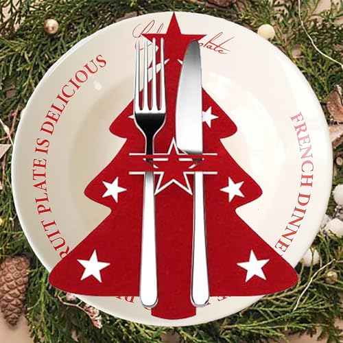 Trrrioosy Besteckhalter Weihnachten Filz 12 Stück Weihnachten Tischdeko Weihnachts Messer Gabeln Löffel Geschirr Besteck Taschen (Weihnachtsbaum Rot) von Trrrioosy