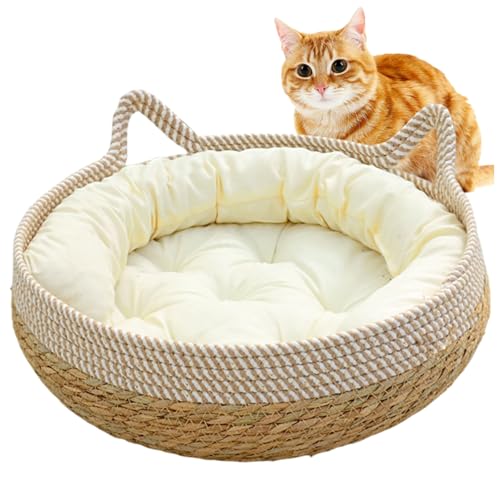 Trrymbbe Katzenbetten für Innenkatzen, 16 x 6 Zoll gewebte Katzenkörbe mit weichem Kissen, kratzfestes Kätzchenbett gemütliche runde Korbkorbkörbe von Trrymbbe