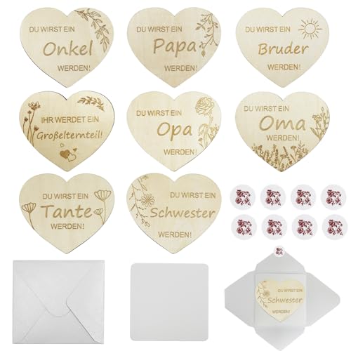 Trsnzul Schwangerschaft Verkünden Set 8 Stück Überraschung Umschläge zur Schwangerschaftsverkündung mit 8 Herz Holz Scheiben Schwangerschaft Verkünden Geschenk zur Du Wirst Papa/Oma/Opa, 10CM von Trsnzul