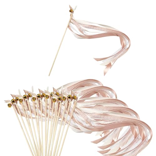 Trsnzul Wedding Wands mit Glocke 20 Stück Zauberstäbe Hochzeit Luftschlangen Wedding Wands Luftschlangen mit Holzstäbchen Seidenfeenstab Wedding Wands Hochzeit Stäbe mit Hochzeitsband von Trsnzul