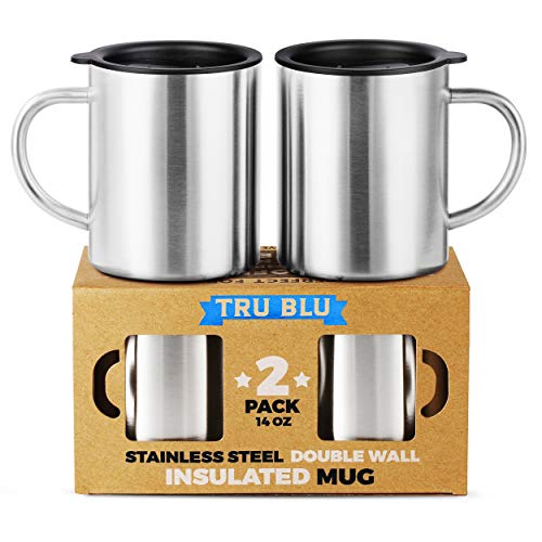 Tru Blu Steel Edelstahl Kaffeebecher mit Deckel, 2er Set – 14 oz Premium Doppelwand Isolierter Reisebecher, Metallbecher mit Griff – Bruchsicher, BPA-frei, spülmaschinenfest, Tee, Bier von Tru Blu Steel