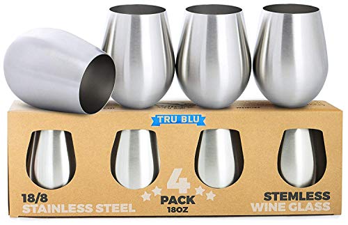 Edelstahl Weingläser - 4er Set mit Großen & Eleganten Stiellosen Weinkelchen/Stemless Goblets (530 ml) - Unzerbrechliche Trinkbecher aus Metall von Tru Blu Steel