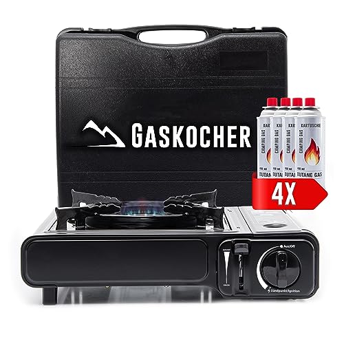 TruWare Camping Gaskocher für Kartuschen Campingkocher 1-flammig schwarz mit Koffer | Outdoor Gasgrill für gaskartuschen 227g (Gaskocher + 4 Kartuschen) von TruWare Just Camp