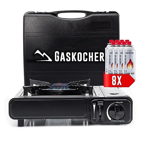 TruWare Camping Gaskocher Set mit 8 Gaskartuschen Campingkocher 1-flammig schwarz mit Koffer | Outdoor Gasgrill für Gas Kartuschen 227g von TruWare Just Camp