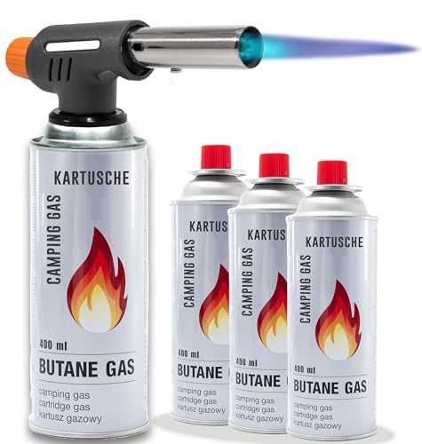 Gasbrenner mit Kartuschen Bunsenbrenner mit Piezozündung Lötbrenner für Hart und Weichlöten Lötlampe Schweißbrenner max. 1300°C Temperatur (Lötbrenner mit 4 Kartuschen) von TruWare Just Camp