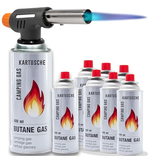 Gasbrenner mit Kartuschen Bunsenbrenner mit Piezozündung Lötbrenner für Hart und Weichlöten Lötlampe Schweißbrenner max. 1300°C Temperatur (Lötbrenner mit 8 Kartuschen) von TruWare Just Camp