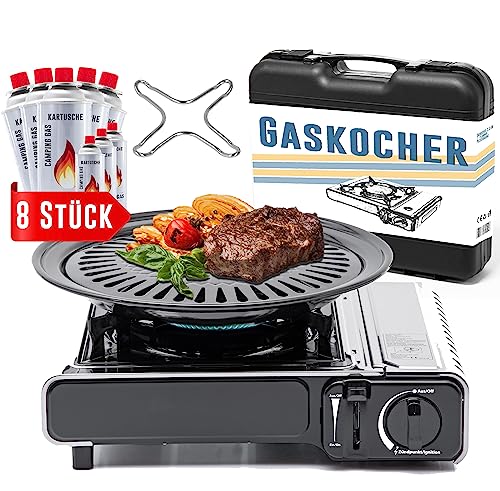 TruWare Gaskocher Set mit 8 Gaskartuschen, Grillplatte & Herdkreuz – Campingkocher mit 2,3 kW Leistung & Transportkoffer (edelstahl) von TruWare Just Camp