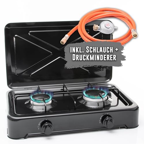 TruWare Gaskocher 2 flammig Campingherd Gas Kochfeld tragbarer Gasherd für Gasflasche mit Schlauch | 2,5kW (schwarz) von TruWare Just Camp
