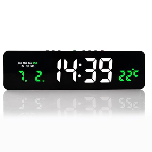 TruWare Just Camp Wanduhr Digital, LED Tischuhr mit Temperaturanzeige, Wecker Snooze, 12/24-Stunden-Anzeige, LED-Uhr, USB-C Uhr mit Datumsanzeige (Weiß Grün) von TruWare Just Camp