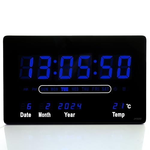 TruWare Just Camp Wanduhr Digital Groß LED Uhr mit Kalender Temperaturanzeige Studiouhr für Gewerbe Cafes Kiosk Hallen Digitaluhr L (Blau) von TruWare Just Camp