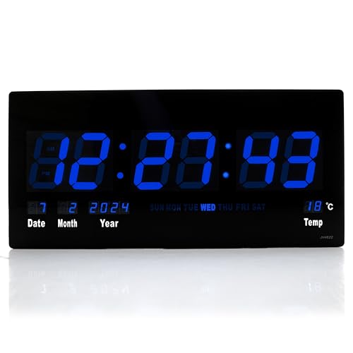TruWare Just Camp Wanduhr Digital Groß LED Uhr mit Kalender Temperaturanzeige Studiouhr für Gewerbe Cafes Kiosk Hallen Digitaluhr XXL (Blau) von TruWare Just Camp