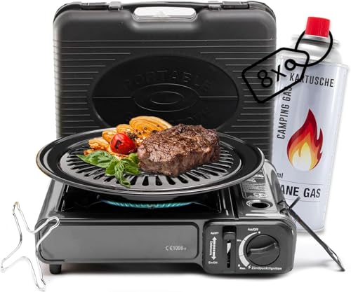TruWare Camping Gaskocher mit Kartusche Campingkocher mit Gaskartuschen Grillaufsatz und Tragekoffer Kocher für Campingplatz Festival Stromausfall von TruWare Just Camp