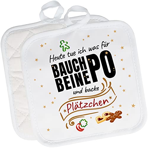 2er Set Topflappen „Heute tue ich was für Bauch Beine Po und backe Plätzchen“ – lustige Weihnachts-Topf-Untersetzer Ofenhandschuh Kochen – Geschenke zu Weihnachten für Kollegen, Freunde, Mama und Oma von True Statements