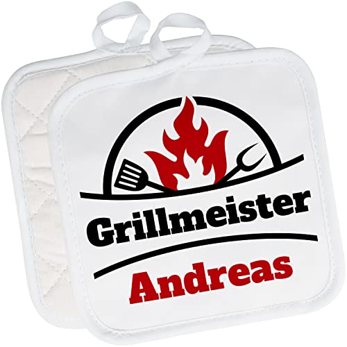 2er Set Topflappen personalisiert „Grillmeister Wunschname“ – Topf-Untersetzer mit Namen Ofenhandschuh Kochen – kleine Geschenke für Frauen & Männer zu Weihnachten, Geburtstag, Muttertag (Weiß) von True Statements