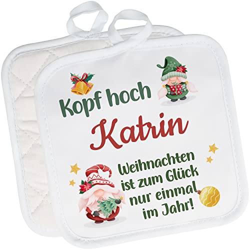 2er Set Topflappen personalisiert „Kopf hoch Wunschname Weihnachten ist zum Glück nur einmal!“ – lustige Topf-Untersetzer mit Namen Ofenhandschuh Kochen – Geschenke für Frauen & Männer zu Weihnachten von True Statements