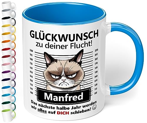 Abschiedsgeschenk für Kollegen: Keramik-Tasse personalisiert „Glückwunsch zu deiner Flucht!“ - 330ml - Katzen-Motiv - lustiger Kaffeebecher | Geschenk Abschied neuer Job (Cambridge Blau) von True Statements