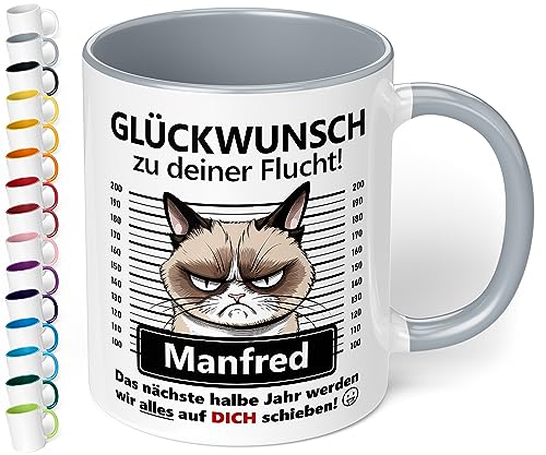 Abschiedsgeschenk für Kollegen: Keramik-Tasse personalisiert „Glückwunsch zu deiner Flucht!“ - 330ml - Katzen-Motiv - lustiger Kaffeebecher | Geschenk zum Abschied neuer Job Wechsel (Grau) von True Statements