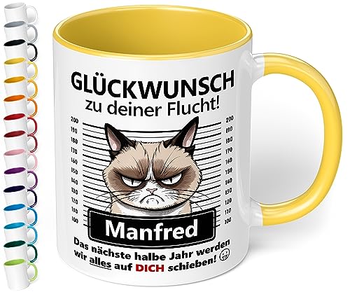 Abschiedsgeschenk für Kollegen: Keramik-Tasse personalisiert „Glückwunsch zu deiner Flucht!“ - 330ml - Katzen-Motiv - lustiger Kaffeebecher | Geschenk zum Abschied neuer Job Wechsel (Hellgelb) von True Statements