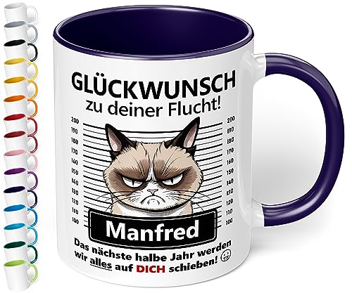 True Statements Abschiedsgeschenk für Kollegen: Keramik-Tasse personalisiert „Glückwunsch zu deiner Flucht!“ - Katzen-Motiv - 330ml Kaffeebecher - Geschenk Abschied Job Wechsel (Kobaltblau) von True Statements