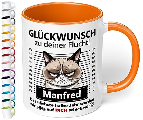 Abschiedsgeschenk für Kollegen: Keramik-Tasse personalisiert „Glückwunsch zu deiner Flucht!“ - 330ml - Katzen-Motiv - lustiger Kaffeebecher | Geschenk zum Abschied neuer Job Wechsel (Orange) von True Statements