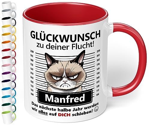 Abschiedsgeschenk für Kollegen: Keramik-Tasse personalisiert „Glückwunsch zu deiner Flucht!“ - 330ml - Katzen-Motiv - lustiger Kaffeebecher | Geschenk zum Abschied neuer Job Wechsel (Rot) von True Statements