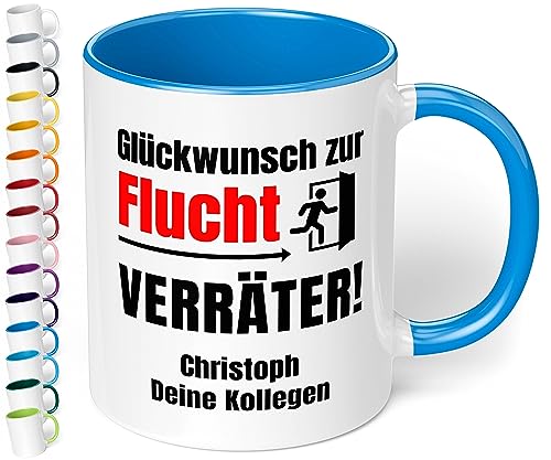 Abschiedsgeschenk für Kollegen: Tasse personalisiert „Glückwunsch zur Flucht Verräter“ - lustige Kaffeetasse mit Spruch als Geschenk zum Abschied Jobwechsel neuer Job (Cambridge Blau) von True Statements