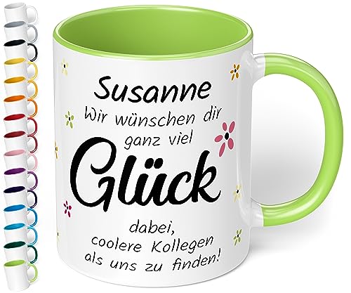 Abschiedsgeschenk für Kollegen: Tasse personalisiert „Wir wünschen dir ganz viel Glück“ - lustige Kaffeetasse 330ml mit 3 Zeilen Wunschtext als Geschenk zum Abschied neuer Job (Hellgrün) von True Statements