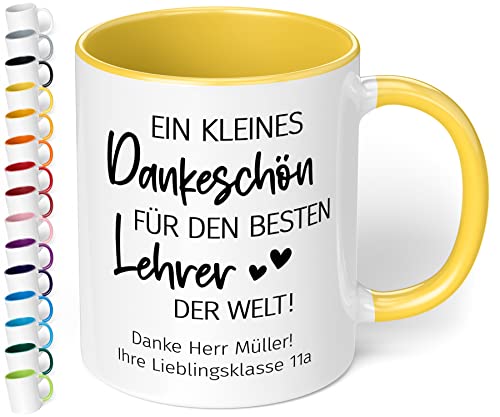 Abschiedsgeschenk für Lehrer: Kaffee-Tasse personalisiert mit Wunschtext „Ein kleines Dankeschön für den besten LEHRER der Welt“ - Dankeschön Geschenke Grundschule 4, 10 Klasse (Hellgelb) von True Statements