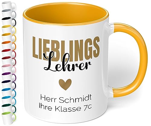 Abschiedsgeschenk für Lehrer: Kaffee-Tasse personalisiert mit Wunschtext „Lieblings-Lehrer“ - Dankeschön - Abschieds-Geschenke, Geburtstag, Tag des Lehrers Grundschule 4, 10 Klasse (Goldgelb) von True Statements