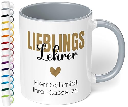 Abschiedsgeschenk für Lehrer: Kaffee-Tasse personalisiert mit Wunschtext „Lieblings-Lehrer“ - Dankeschön - Abschieds-Geschenke, Geburtstag, Tag des Lehrers Grundschule 4, 10 Klasse (Grau) von True Statements