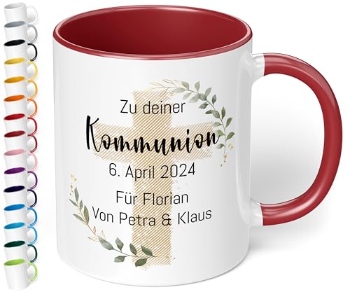 Christliches Geschenk: Tasse personalisiert „Zu deiner WUNSCHTEXT“ – Kreuz-Motiv – Keramik 330ml Geschenk Kommunion Konfirmation Firmung Taufe Mädchen Jungen (Bordeaux) von True Statements
