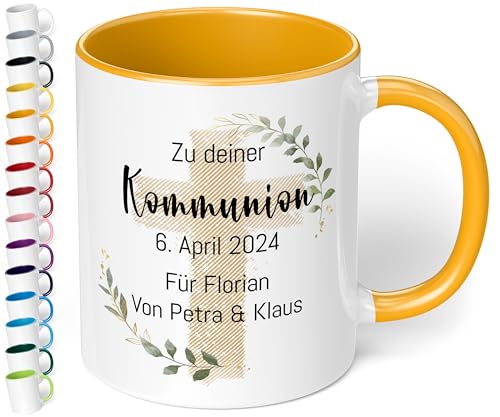 Christliches Geschenk: Tasse personalisiert „Zu deiner WUNSCHTEXT“ – Kreuz-Motiv – Keramik 330ml Geschenk Kommunion Konfirmation Firmung Taufe Mädchen Jungen (Goldgelb) von True Statements