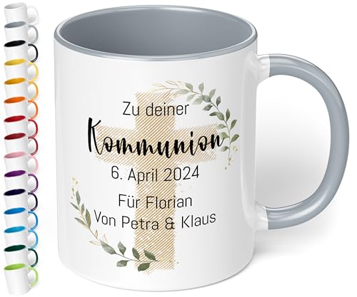 Christliches Geschenk: Tasse personalisiert „Zu deiner WUNSCHTEXT“ – Kreuz-Motiv – Keramik 330ml Geschenk Kommunion Konfirmation Firmung Taufe Mädchen Jungen (Grau) von True Statements