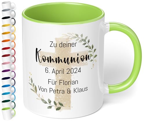 Christliches Geschenk: Tasse personalisiert „Zu deiner WUNSCHTEXT“ – Kreuz-Motiv – Keramik 330ml Geschenk Kommunion Konfirmation Firmung Taufe Mädchen Jungen (Hellgrün) von True Statements