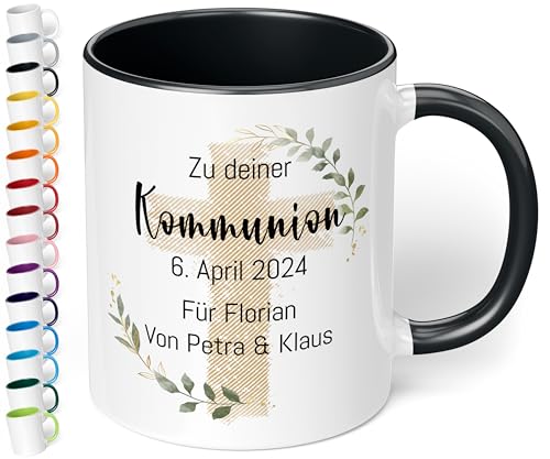 Christliches Geschenk: Tasse personalisiert „Zu deiner WUNSCHTEXT“ – Kreuz-Motiv – Keramik 330ml Geschenk Kommunion Konfirmation Firmung Taufe Mädchen Jungen (Schwarz) von True Statements