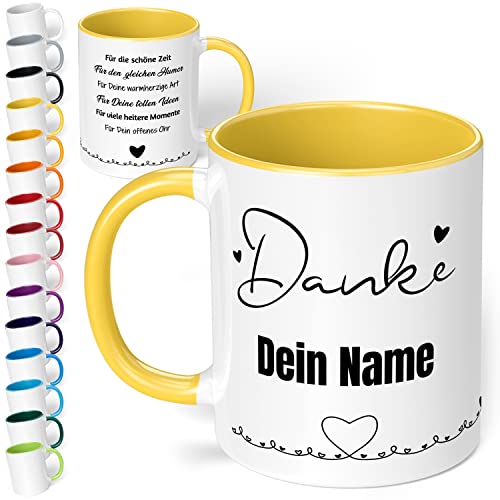 Dankeschön Geschenk für Freunde & Kollegen: Danke Tasse mit Namen „Danke für die schöne Zeit“ - personalisierte Kaffeetasse mit Spruch als moderne Dankeskarte | Abschiedsgeschenk (Hellgelb) von True Statements