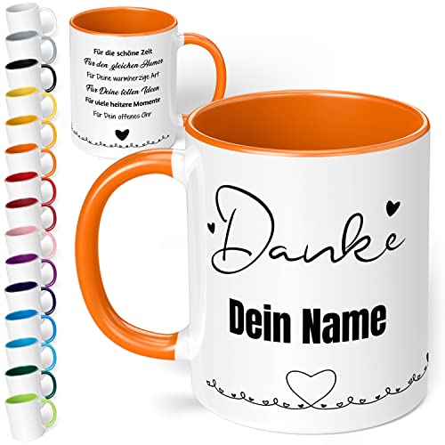 Dankeschön Geschenk für Freunde & Kollegen: Danke Tasse mit Namen „Danke für die schöne Zeit“ - personalisierte Kaffeetasse mit Spruch als moderne Dankeskarte | Abschiedsgeschenk (Orange) von True Statements