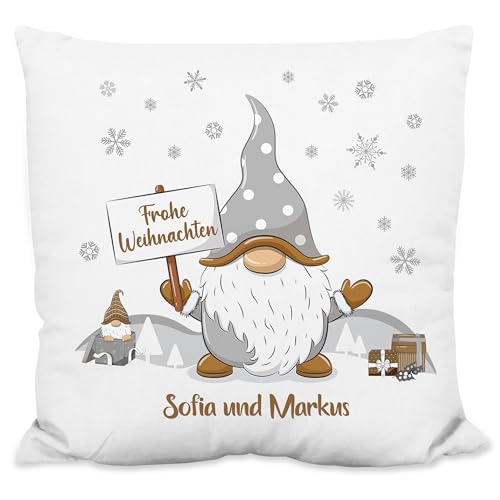 Deko-Kissen personalisiert mit Wunschtext „Frohe Weihnachten“ - mit Gold-Wichtel-Motiv - 40x40cm, inkl. Kissen-Füllung | Zierkissen Weihnachtskissen Weihnachts-Geschenk (Flauschiges Kissen) von True Statements