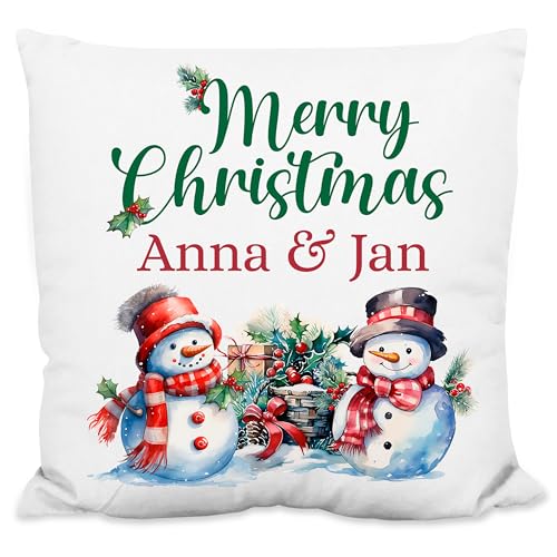 Deko-Kissen personalisiert mit Wunschtext „Merry Christmas“ - mit Schneemänner-Motiv - 40x40cm, inkl. Kissen-Füllung | Zierkissen Weihnachtskissen Weihnachts-Geschenk (Strukturiertes Kissen) von True Statements