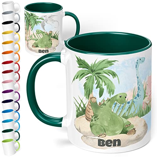 Dinosaurier Tasse mit Namen "Dinos" – Tasse personalisiert für Kinder – Dinotasse Kinderbecher Namenstasse für Jungen und Mädchen - schönes Geschenk & Mitbringsel Kindergeburtstag (Dunkelgrün) von True Statements