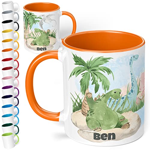 Dinosaurier Tasse mit Namen "Dinos" – Tasse personalisiert für Kinder – Dinotasse Kinderbecher Namenstasse für Jungen und Mädchen - schönes Geschenk & Mitbringsel Kindergeburtstag (Orange) von True Statements