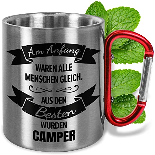 Edelstahl-Tasse 330ml mit Karabiner personalisiert „Am Anfang waren alle Menschen gleich. Aus den besten wurden WUNSCHTEXT“ – Becher für Outdoor Camping Wandern Grillen Garten – lustige Geschenke |rot von True Statements