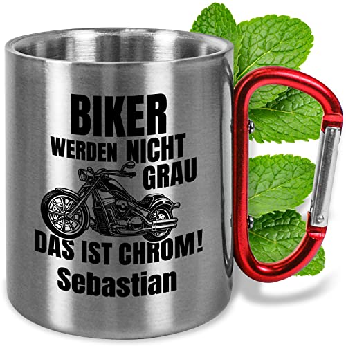 Edelstahl-Tasse 330ml mit Karabiner personalisiert „Biker werden nicht grau, das ist Chrom! WUNSCHNAME“ – Edelstahl-Becher mit Namen – Geschenke für Motorrad Fahrer Fans Männer von True Statements