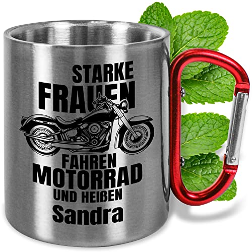 Edelstahl-Tasse 330ml mit Karabiner personalisiert „Starke Frauen fahren Motorrad“ - Edelstahl-Becher mit Namen – Geschenk für Motorradfans Geburtstag (Frauen, Griff Rot) von True Statements