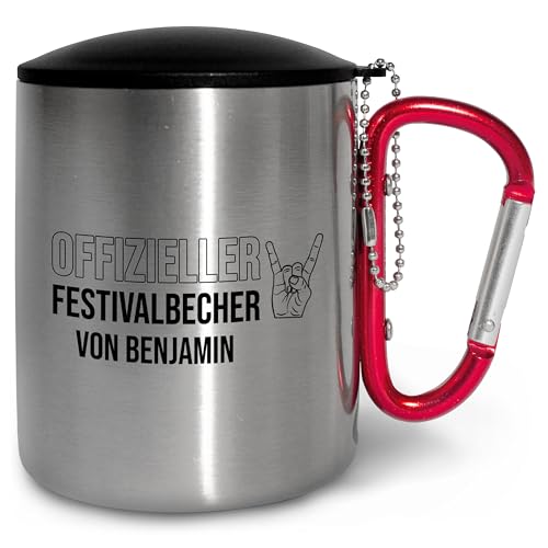 Edelstahl-Tasse mit Karabiner personalisiert „Offizieller Festivalbecher“ – ca. 300 ml Metall-Becher für Rock Dance Pop Festivals Geschenk Männer Frauen Outdoor - Karabiner Rot, mit Deckel von True Statements