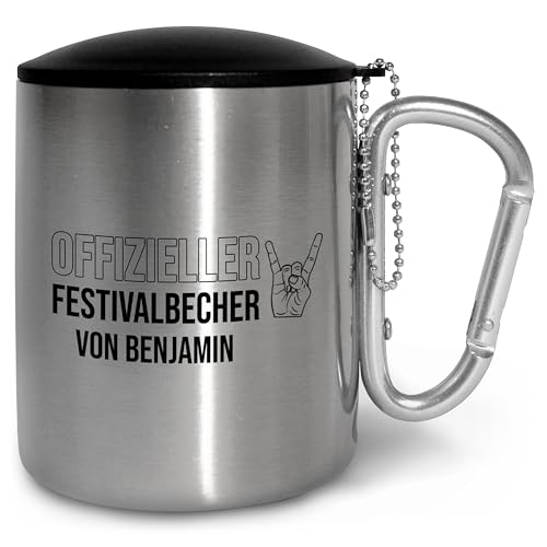 Edelstahl-Tasse mit Karabiner personalisiert „Offizieller Festivalbecher“ – ca. 300 ml Metall-Becher für Rock Dance Pop Festivals Geschenk Männer Frauen Outdoor - Karabiner Silber, mit Deckel Edelstahl-Tasse mit Karabiner personalisiert „Offizieller Festivalbecher“ – ca. 300 ml Metall-Becher für Rock Dance Pop Festivals Geschenk Männer Frauen Outdoor - Karabiner Silber, mit Deckel von True Statements