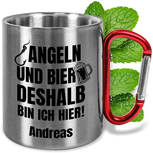 Edelstahltasse mit Karabiner personalisiert „Angeln und Bier“ – ca. 330ml - Metalltasse mit Namen – lustiges Geschenk für Angler, Hobby Fischer, Männer & Frauen Vatertag (Angeln-Bier, Griff Rot) von True Statements