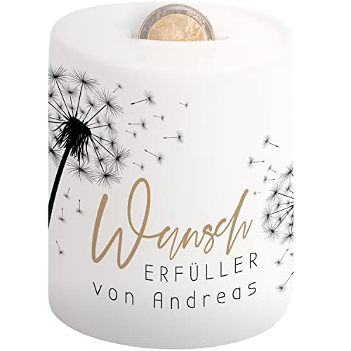 Elegante Spardose „Wunscherfüller“ personalisiert mit Namen – mit Pusteblume - Geldgeschenke Geschenkideen Sparbüchse | Geschenke für Freundin, Kollegen & Partner zum Geburtstag, Weihnachten von True Statements