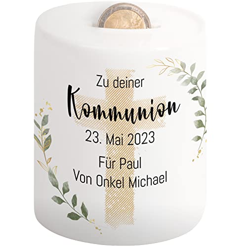 Elegante Spardose „Zu deiner Kommunion“ personalisiert mit Datum & Wunschtext - Sparbüchse für Mädchen & Jungen - Geld-Geschenke Geschenkideen für Kommunionkinder (Kommunion) von True Statements